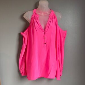 Lilly Pulitzer 100% silk vibrant pink cold shoulder blouse * sz L *